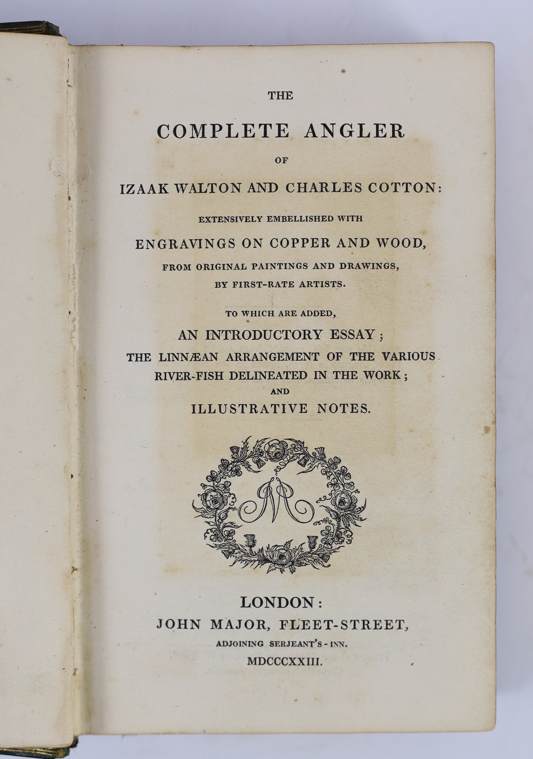 Walton, Izaak; Cotton, Charles - The Complete Angler..., portrait frontis, and 13 other plates, num. engraved text illus.; later 19th cent. green pictorial gilt and decorated morocco with panelled spine, ge. and red e/ps